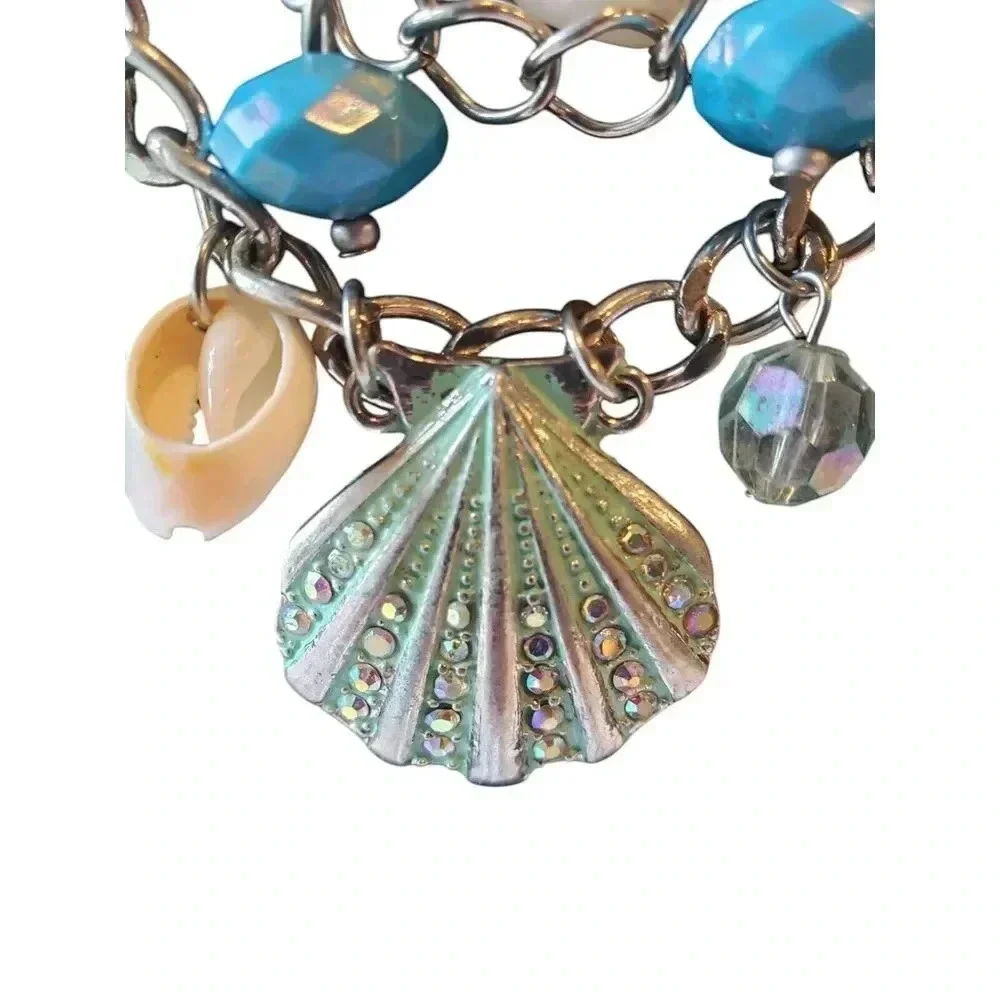 Triple Strand‎ Shell Crystal Bead Bib NecklaceTeal Blues Spring Summer Classic